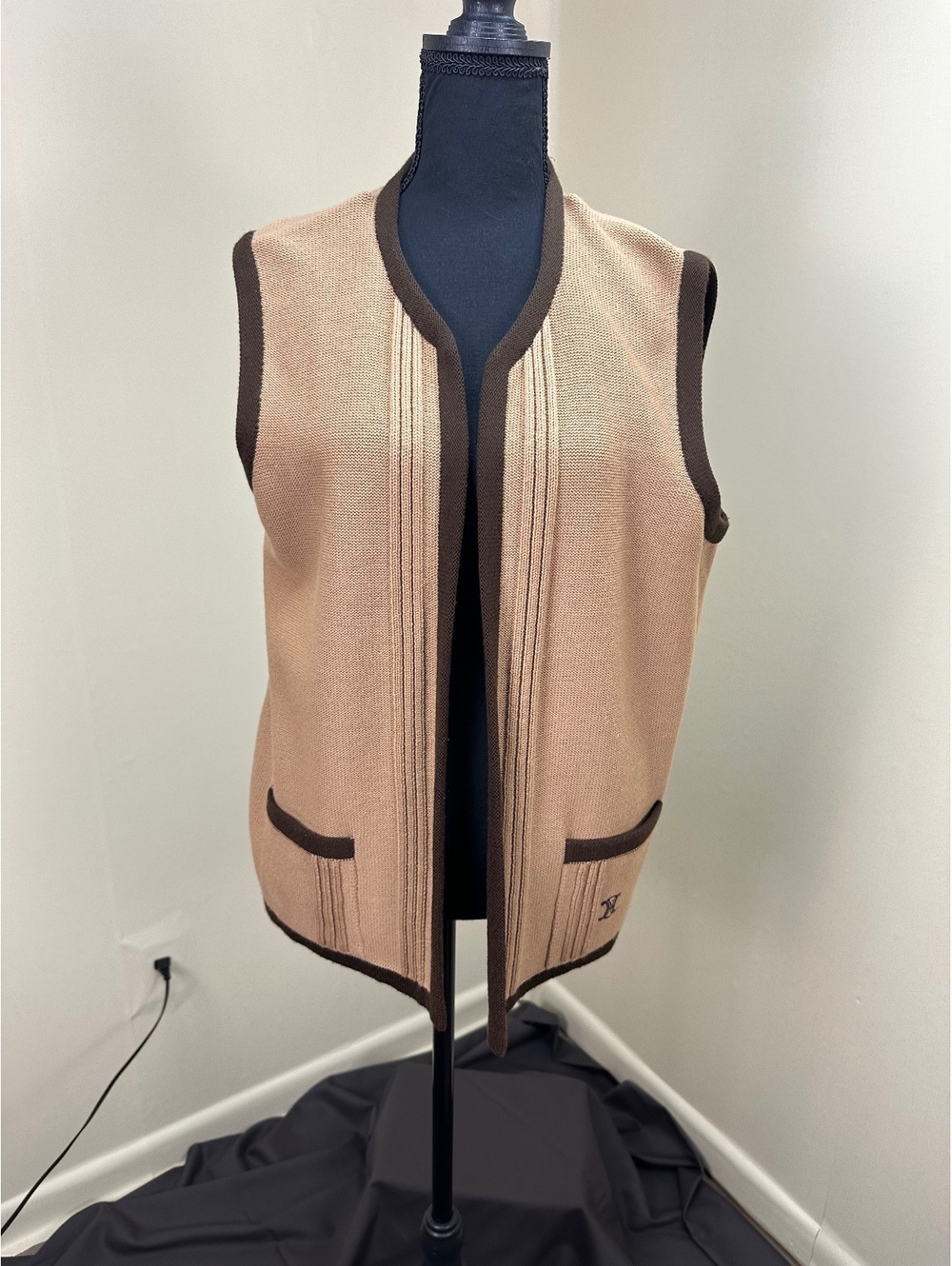 Vintage Celine Paris Camel Wool Open Front Vest Brown Trim Made in Italy US XL